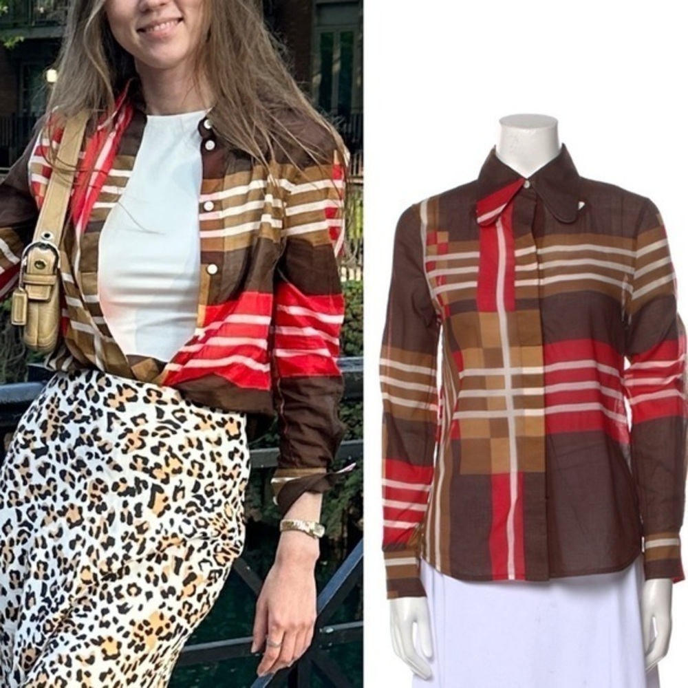 Victoria Beckham Cotton Plaid Red Brown Long Sleeve Shirt XS (0)